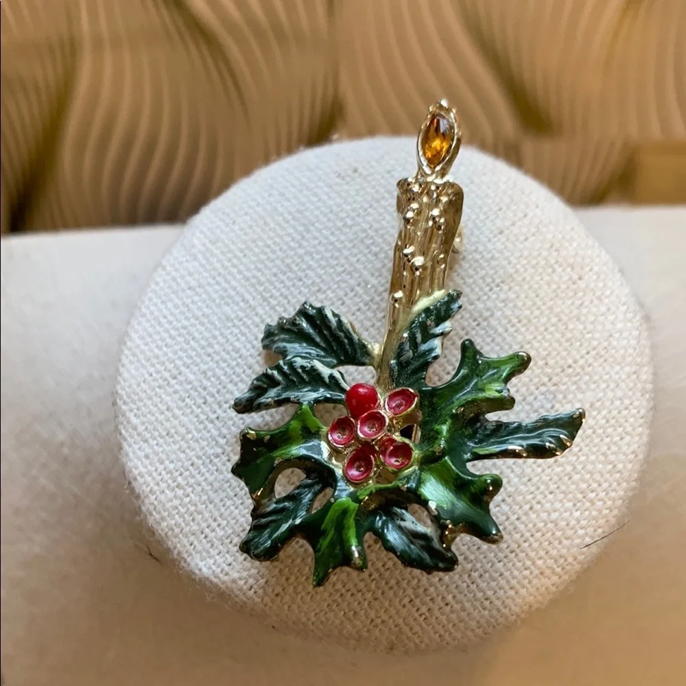 Vintage Signed BJ Green and Gold Holly Leaf Brooch